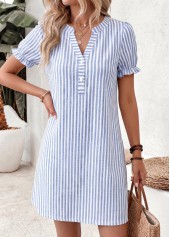 Blue dresses,Striped dresses,Geometric dresses,Everyday dresses,Casual dresses,ROTITA Blue Striped Double Side Pockets Short Split Neck Dress