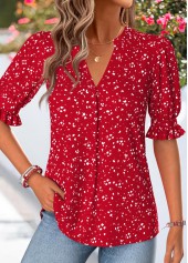 Red tops,Geometric tops,ROTITA Shirred Geometric Print Red Split Neck Half Sleeve Blouse