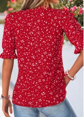 Red tops,Geometric tops,ROTITA Shirred Geometric Print Red Split Neck Half Sleeve Blouse