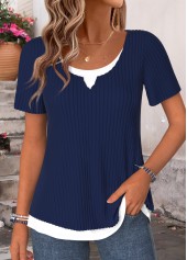 Navy tops,Plain Color tops,ROTITA Fake 2in1 Navy Round Neck Short Sleeve T Shirt