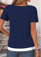 Navy tops,Plain Color tops,ROTITA Fake 2in1 Navy Round Neck Short Sleeve T Shirt