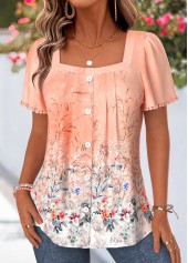 Rotita-Bluse mit Bauchbedeckung Blumenmuster und orangefarbenem eckigem Ausschnitt