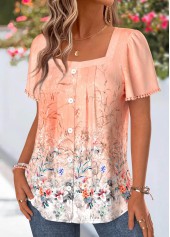 Orange tops,Floral tops,Plants tops,ROTITA Tummy Coverage Floral Print Orange Square Neck Blouse