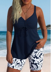 ROTITA Navy Ruched Leaf Print Mid Waisted Tankini Set