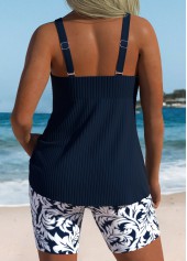 Navy swimwear,Plants swimwear,ROTITA Navy Ruched Leaf Print Mid Waisted Tankini Set