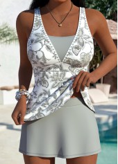 ROTITA Grey Thigh Slimmer Tribal Print Mid Waisted Tankini Set