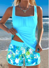ROTITA Blue Two-piece Floral Print Mid Waisted Tankini Set