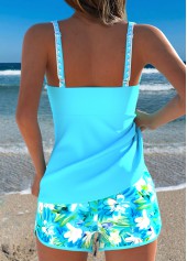Blue swimwear,Floral swimwear,Plants swimwear,ROTITA Blue Two-piece Floral Print Mid Waisted Tankini Set