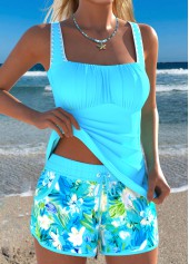 Blue swimwear,Floral swimwear,Plants swimwear,ROTITA Blue Two-piece Floral Print Mid Waisted Tankini Set