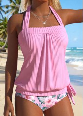 Pink swimwear,Floral swimwear,Plants swimwear,ROTITA Pink Bowknot Floral Print Mid Waisted Tankini Set
