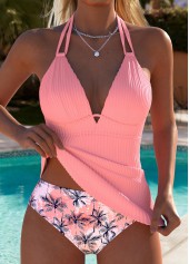 ROTITA Pink Leaf Print Mid Waisted Tankini Set