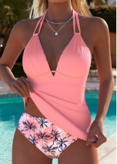 Pink swimwear,Plants swimwear,ROTITA Pink Leaf Print Mid Waisted Tankini Set