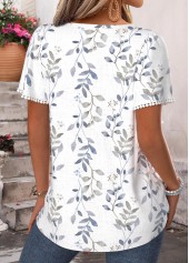 White tops,Plants tops,ROTITA Tummy Coverage Leaf Print White Square Neck Blouse