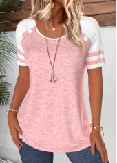 Pink tops,Contrast Color tops,ROTITA Patchwork Pink Round Neck Short Sleeve T Shirt
