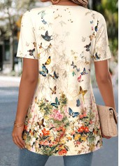 Light Yellow tops,Floral tops,Plants tops,ROTITA Floral Print Light Yellow Fake Two Piece Twinset