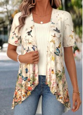 Light Yellow tops,Floral tops,Plants tops,ROTITA Floral Print Light Yellow Fake Two Piece Twinset