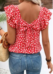 ROTITA Bowknot Ditsy Floral Print Red Square Neck T Shirt