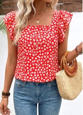Red tops,Ditsy Floral tops,ROTITA Bowknot Ditsy Floral Print Red Square Neck T Shirt