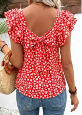 Red tops,Ditsy Floral tops,ROTITA Bowknot Ditsy Floral Print Red Square Neck T Shirt