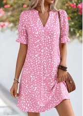 ROTITA Pink Polka Dot Tummy Coverage Short Split Neck Dress