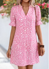 Pink dresses,Dot dresses,Everyday dresses,Casual dresses,ROTITA Pink Polka Dot Tummy Coverage Short Split Neck Dress