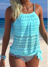 ROTITA Cyan Blouson Striped Mid Waisted Tankini Set