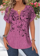 ROTITA Curved Hem Floral Print Violet Split Neck Blouse