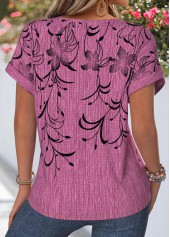 Violet tops,Floral tops,Plants tops,ROTITA Curved Hem Floral Print Violet Split Neck Blouse