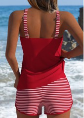 Red swimwear,Striped swimwear,Geometric swimwear,ROTITA Tummy Coverage Red Striped Mid Waisted Tankini Set