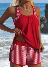 Red swimwear,Striped swimwear,Geometric swimwear,ROTITA Tummy Coverage Red Striped Mid Waisted Tankini Set