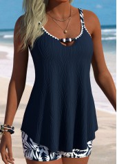 ROTITA Navy Curved Hem Tropical Plants Print Tankini Set