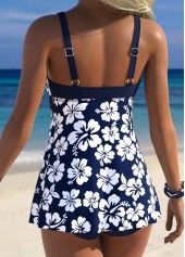 Navy swimwear,Floral swimwear,Plants swimwear,ROTITA Navy Tummy Coverage Floral Print Mid Waisted Tankini Set