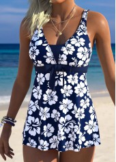 Navy swimwear,Floral swimwear,Plants swimwear,ROTITA Navy Tummy Coverage Floral Print Mid Waisted Tankini Set