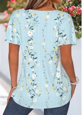 Light Blue tops,Floral tops,Plants tops,ROTITA Patchwork Floral Print Light Blue Round Neck T Shirt