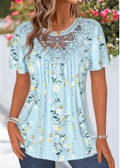 Light Blue tops,Floral tops,Plants tops,ROTITA Patchwork Floral Print Light Blue Round Neck T Shirt