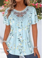 ROTITA Patchwork Floral Print Light Blue Round Neck T Shirt