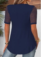 Navy tops,Plain Color tops,ROTITA Navy Heart Collar Short Sleeve Fake Two Piece Twinset