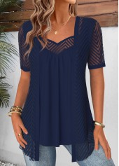 Navy tops,Plain Color tops,ROTITA Navy Heart Collar Short Sleeve Fake Two Piece Twinset