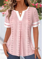 ROTITA Patchwork Light Pink Split Neck Short Sleeve T Shirt