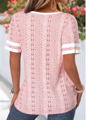 Light Pink tops,Contrast Color tops,ROTITA Patchwork Light Pink Split Neck Short Sleeve T Shirt