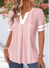 Light Pink tops,Contrast Color tops,ROTITA Patchwork Light Pink Split Neck Short Sleeve T Shirt