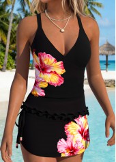 ROTITA Black Frill Floral Print Mid Waisted Tankini Set