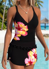 Black swimwear,Floral swimwear,Plants swimwear,ROTITA Black Frill Floral Print Mid Waisted Tankini Set