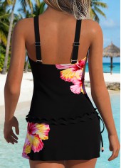 Black swimwear,Floral swimwear,Plants swimwear,ROTITA Black Frill Floral Print Mid Waisted Tankini Set