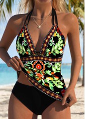 Black swimwear,Plants swimwear,Floral swimwear,ROTITA Black Tube Random Floral Print Tankini Top