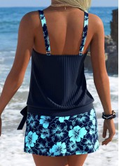 Navy swimwear,Floral swimwear,Plants swimwear,ROTITA Navy Blouson Floral Print Mid Waisted Tankini Set