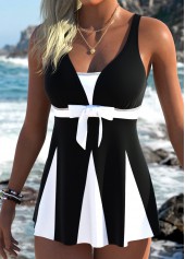 Black swimwear,Contrast Color swimwear,ROTITA Black High Elasticity Detail Tankini Top