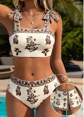 ROTITA Beige Three-piece Random Floral Print Mid Waisted Bikini Set