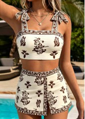 Beige swimwear,Plants swimwear,Floral swimwear,ROTITA Beige Three-piece Random Floral Print Mid Waisted Bikini Set