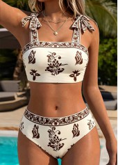 Beige swimwear,Plants swimwear,Floral swimwear,ROTITA Beige Three-piece Random Floral Print Mid Waisted Bikini Set